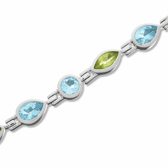 Blue Topaz and Peridot Bezel Bracelet in Sterling Silver