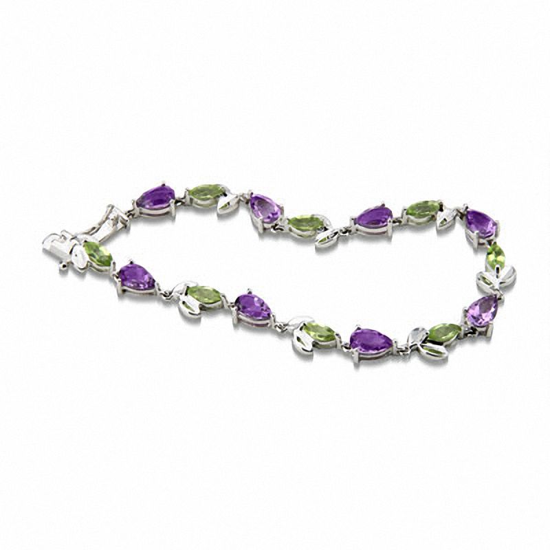 Main Image 1 of Sterling Silver Peridot and Amethyst Leaf Bracelet