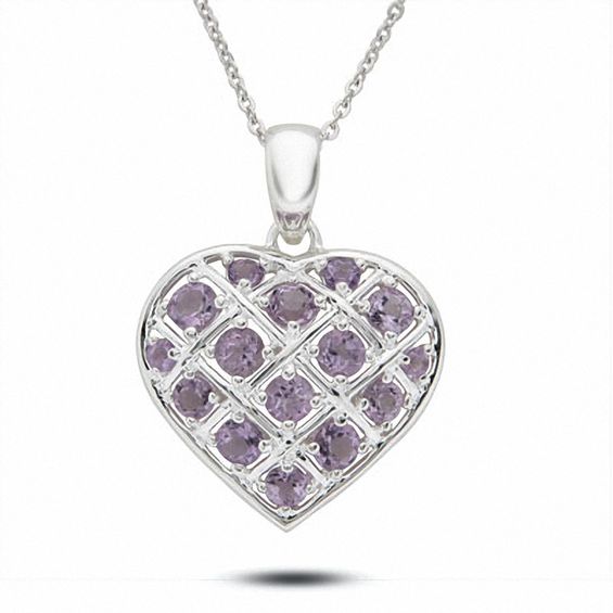 Sterling Silver Round Amethyst Basket Weave Heart Pendant