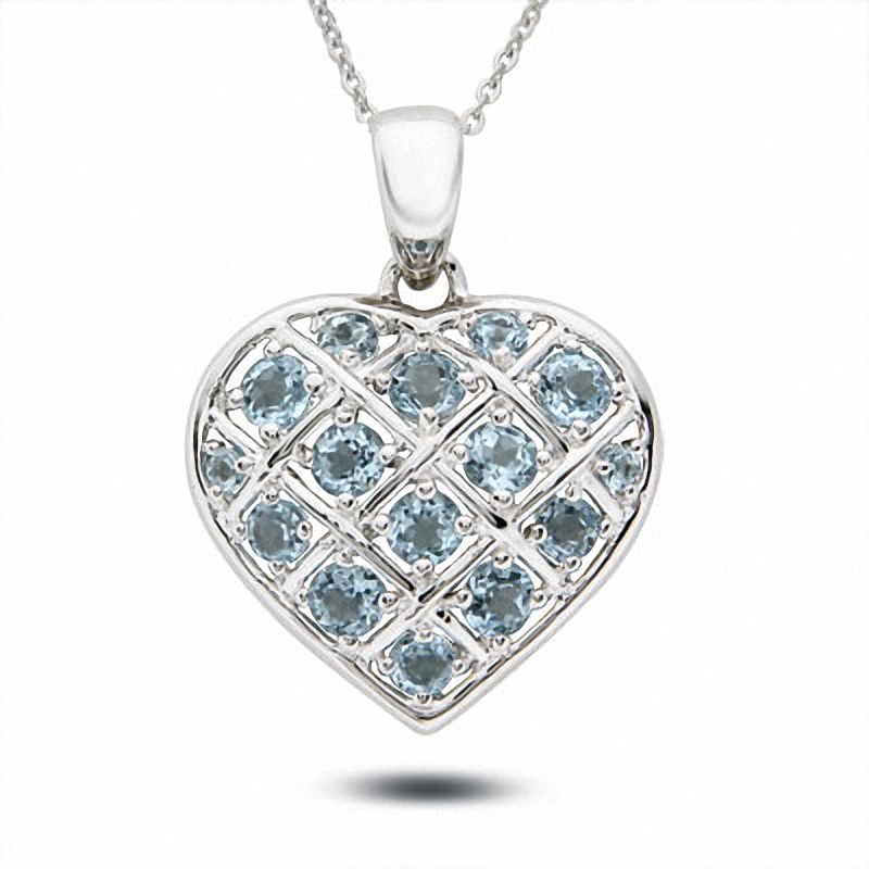 Sterling Silver Round Blue Topaz Basket Weave Heart Pendant