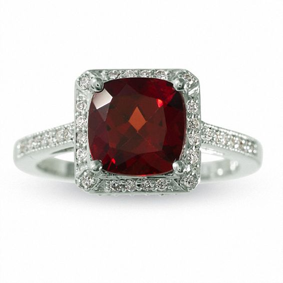 Cushion-Cut Garnet Love Ring in 14K White Gold with Diamond Accents