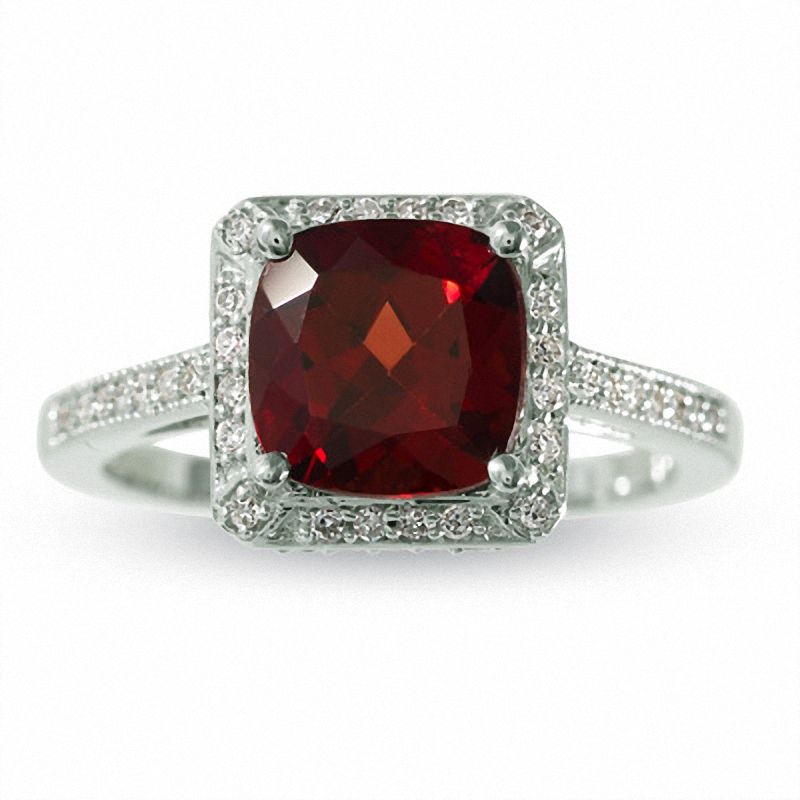 Main Image 1 of Cushion-Cut Garnet Love Ring in 14K White Gold with Diamond Accents