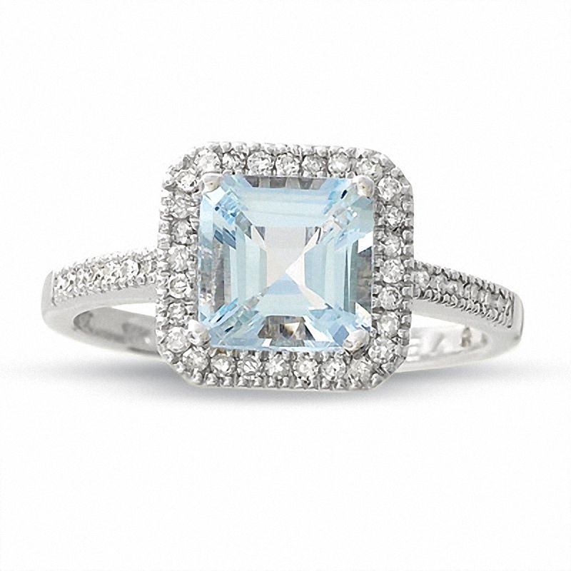 Square Aquamarine Ring in 14K White Gold with Diamond Accents