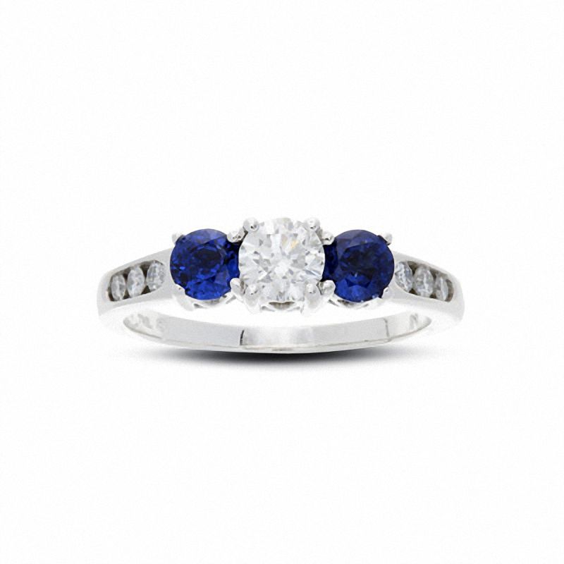 Main Image 1 of Diamond and Sapphire Past Present Future® Ring in 14K White Gold