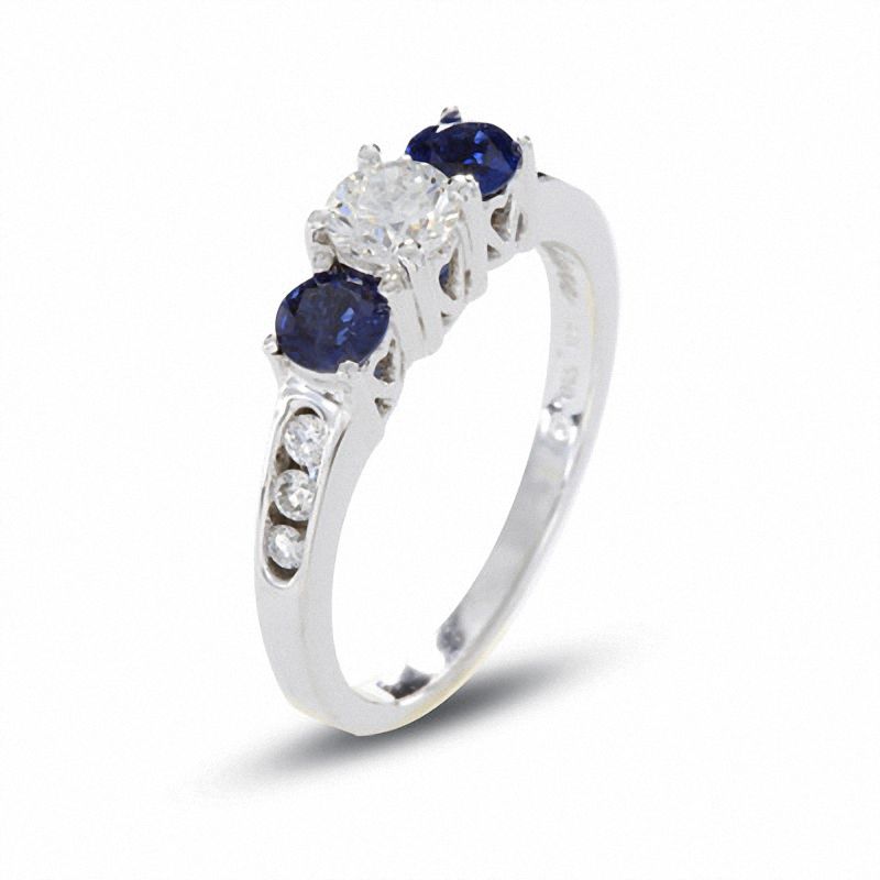 Main Image 2 of Diamond and Sapphire Past Present Future® Ring in 14K White Gold