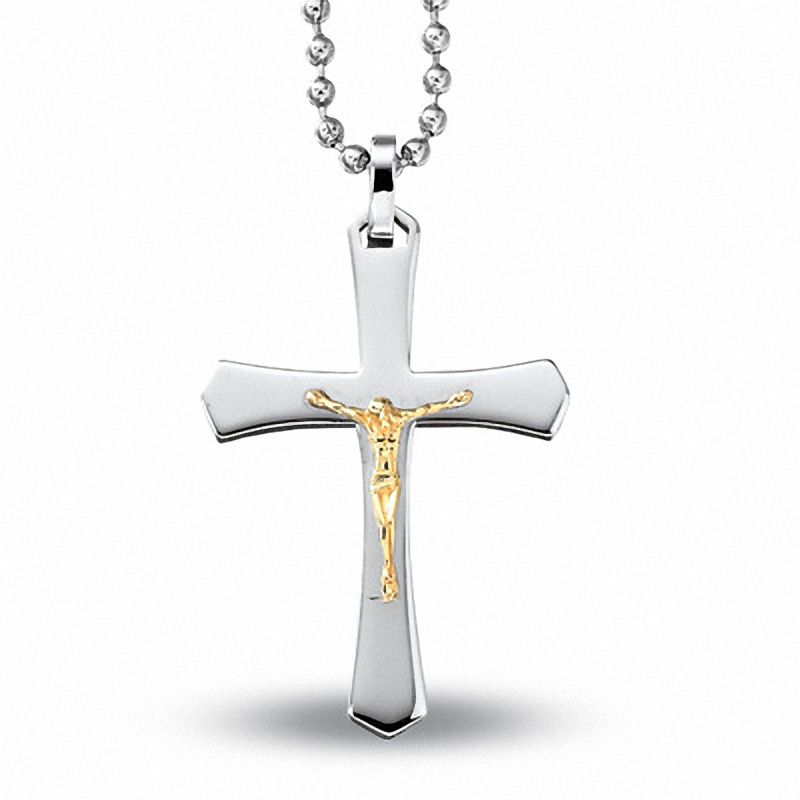 Main Image 1 of Men's Stainless Steel and 10K Gold Crucifix Pendant