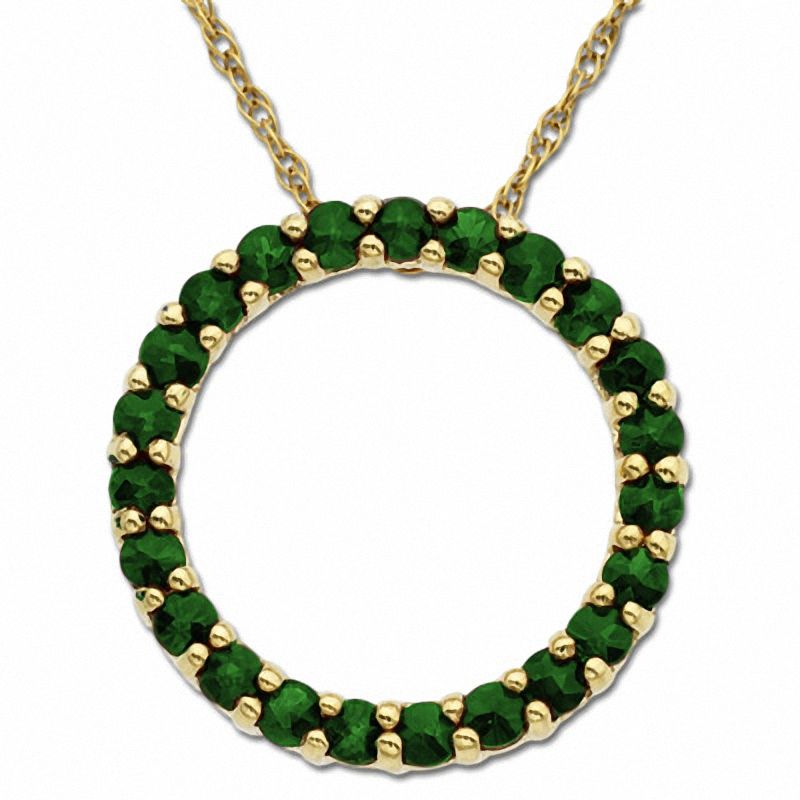 Main Image 1 of Lab-Created Emerald Circle Pendant in 14K Gold
