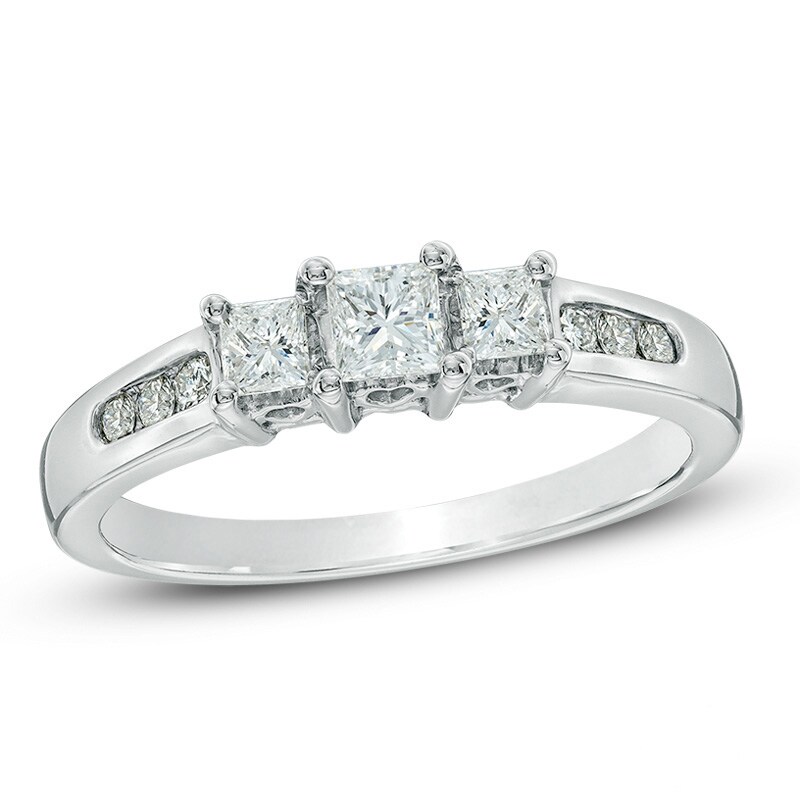 Main Image 1 of 1/2 CT. T.W. Princess-Cut Diamond Past Present Future® Ring in 14K White Gold