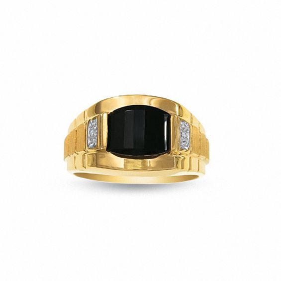 Men's Barrel-Cut Onyx Ring in 10K Gold with Diamond Accents
