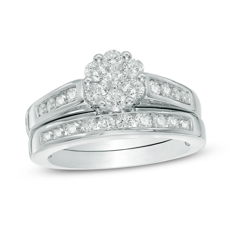 1 CT. T.W. Multi-Diamond Flower Bridal Set in 10K White Gold