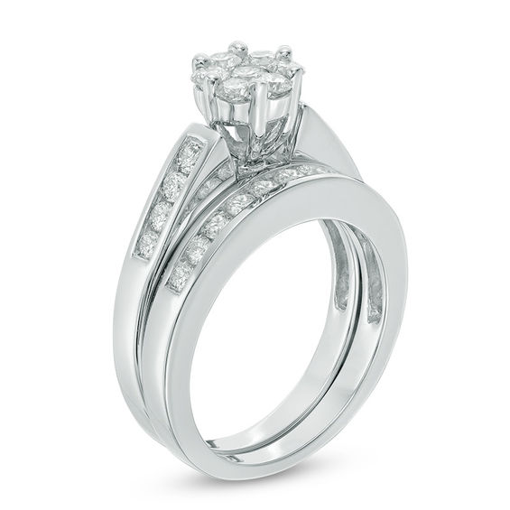 1 CT. T.w. Multi-Diamond Flower Bridal Set in 10K White Gold