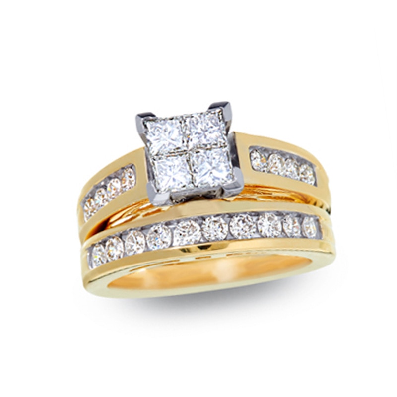 Main Image 1 of 1-1/2 CT. T.W. Quad Princess-Cut Diamond Bridal Set in 14K Gold