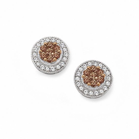 5/8 CT. T.w. Champagne and White Diamond Love Circle Stud Earrings in 14K White Gold