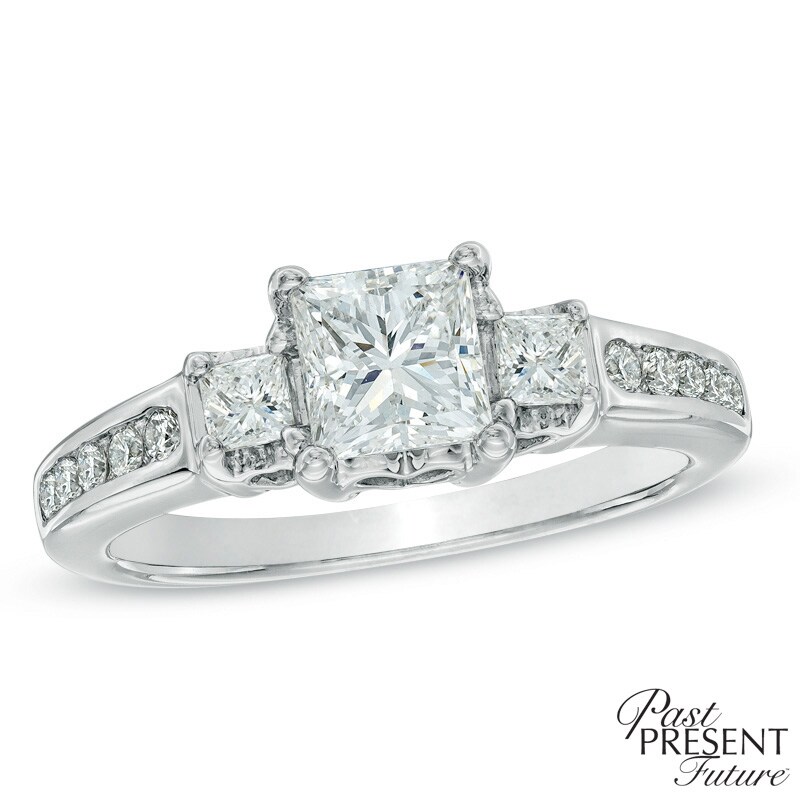 Main Image 1 of 1-1/2 CT. T.W. Princess-Cut Diamond Past Present Future® Ring in 14K White Gold