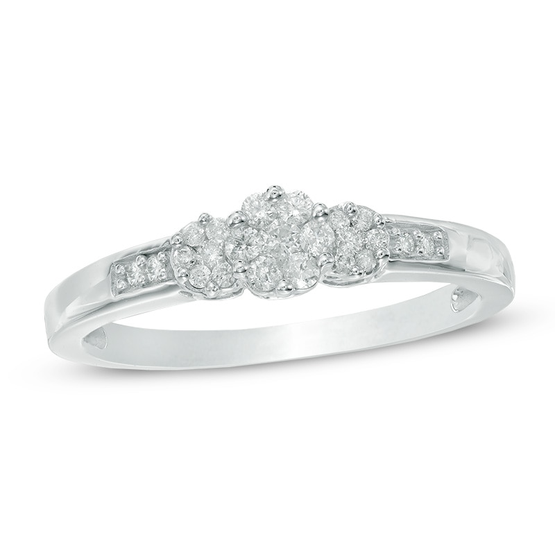 1/5 CT. T.W. Multi-Diamond Triple Flower Ring in 10K White Gold