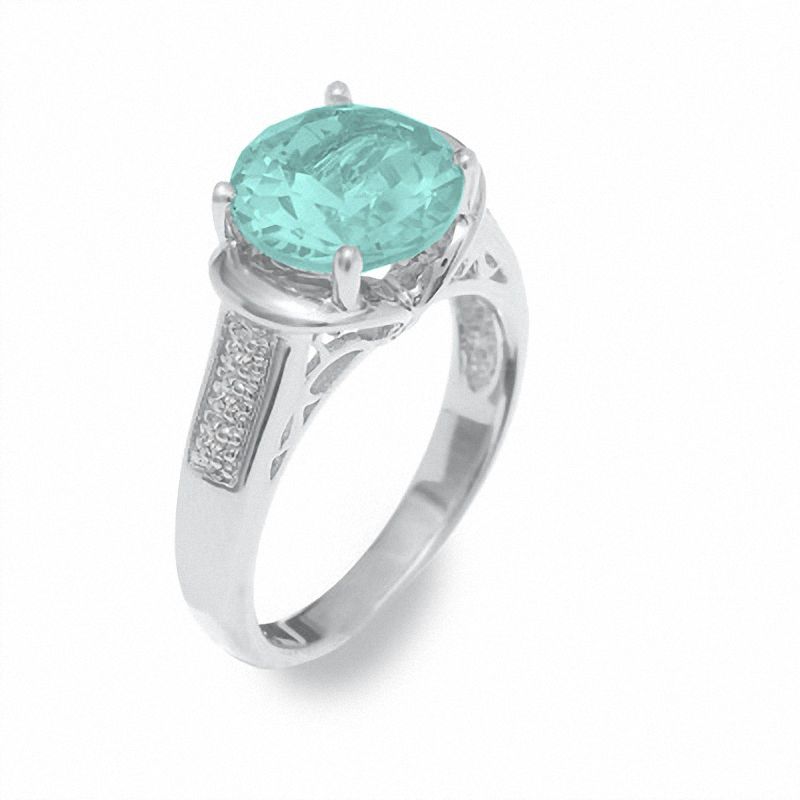 Main Image 1 of Simulated Aquamarine Ring in Sterling Silver with Diamond Accents