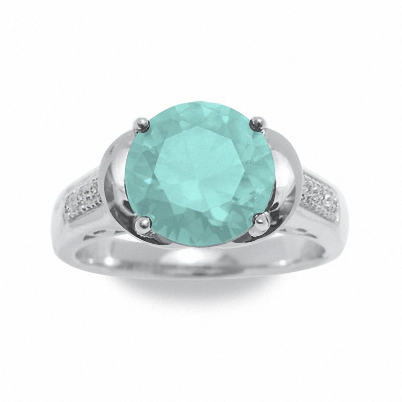 Main Image 2 of Simulated Aquamarine Ring in Sterling Silver with Diamond Accents