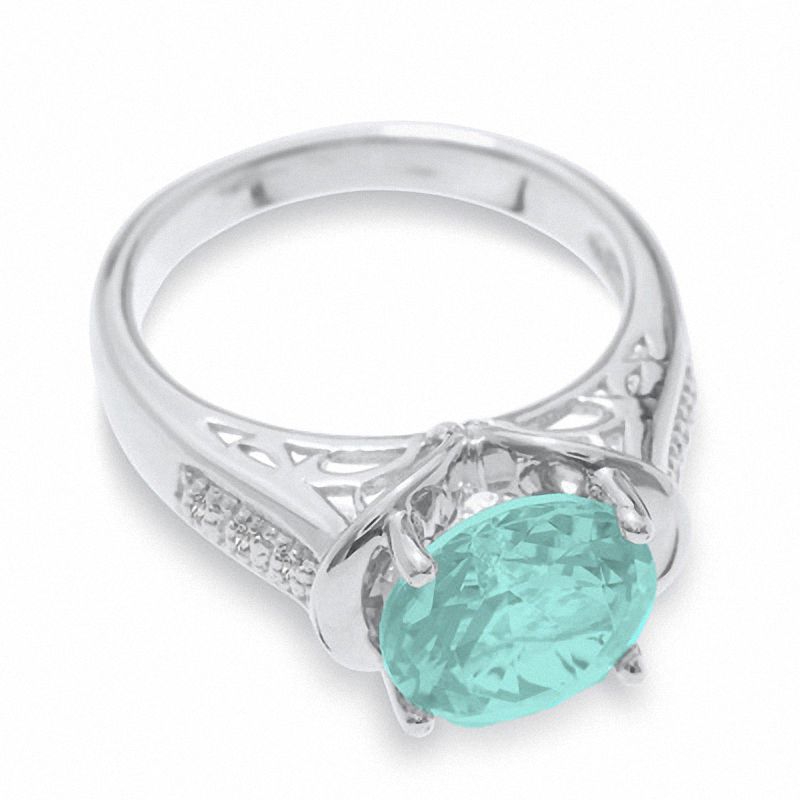 Main Image 3 of Simulated Aquamarine Ring in Sterling Silver with Diamond Accents