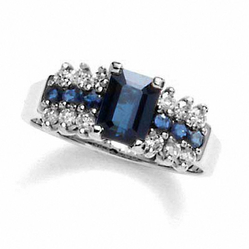 Main Image 1 of Rectangular Blue Sapphire and 1/4 CT. T.W. Diamond Ring in 10K White Gold