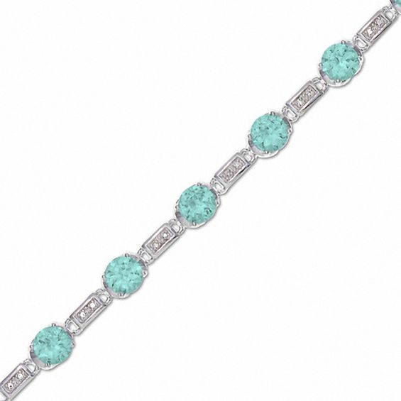 Simulated Aquamarine and Diamond Station Bracelet in Sterling Silver