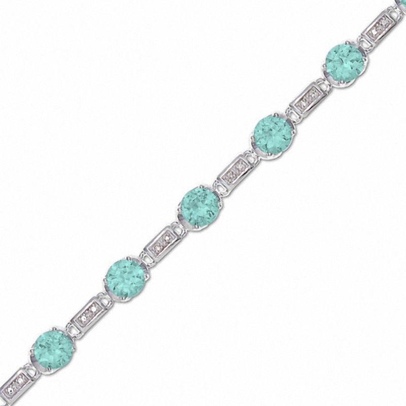 Main Image 1 of Simulated Aquamarine and Diamond Station Bracelet in Sterling Silver
