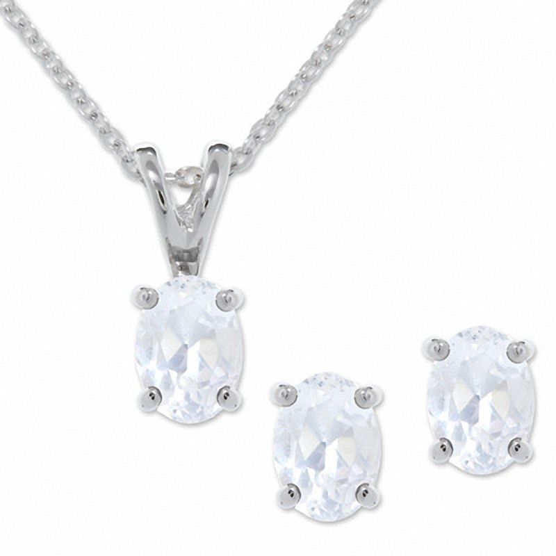 Main Image 1 of Oval Lab-Created White Sapphire Earring and Pendant Set in Sterling Silver