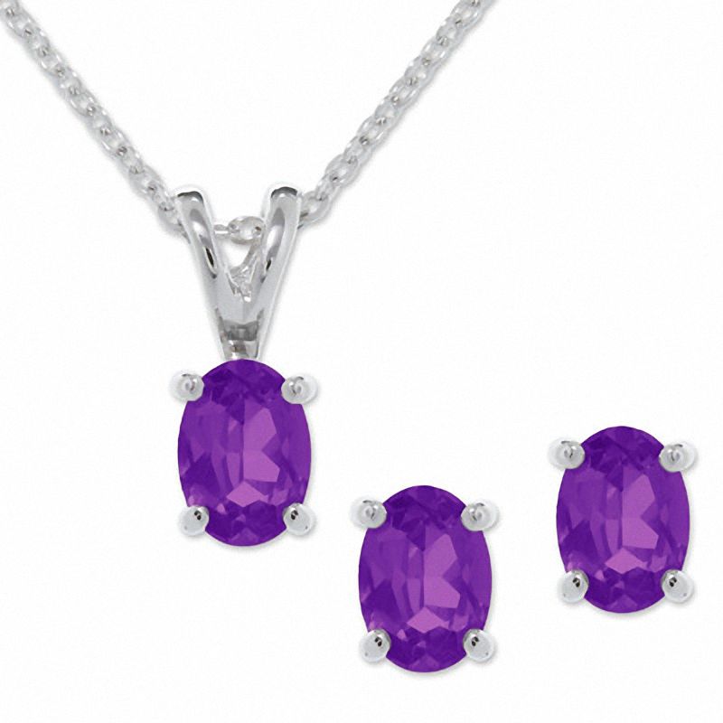 Main Image 1 of Oval Amethyst Earring and Pendant Set in Sterling Silver