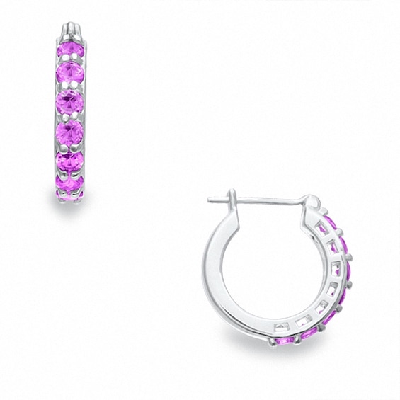 Lab-Created Pink Sapphire Hoop Earrings in Sterling Silver