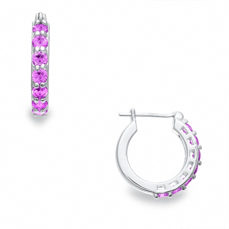 Main Image 1 of Lab-Created Pink Sapphire Hoop Earrings in Sterling Silver