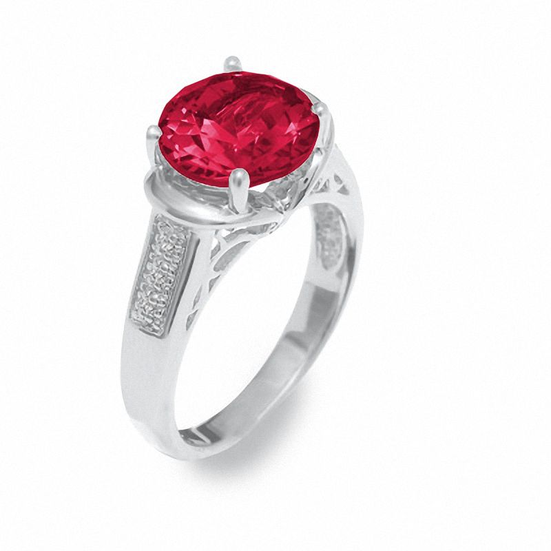 Main Image 1 of Lab-Created Ruby Ring in Sterling Silver with Diamond Accents