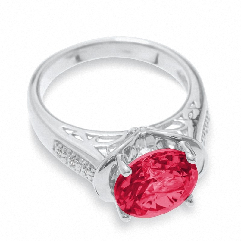Main Image 3 of Lab-Created Ruby Ring in Sterling Silver with Diamond Accents