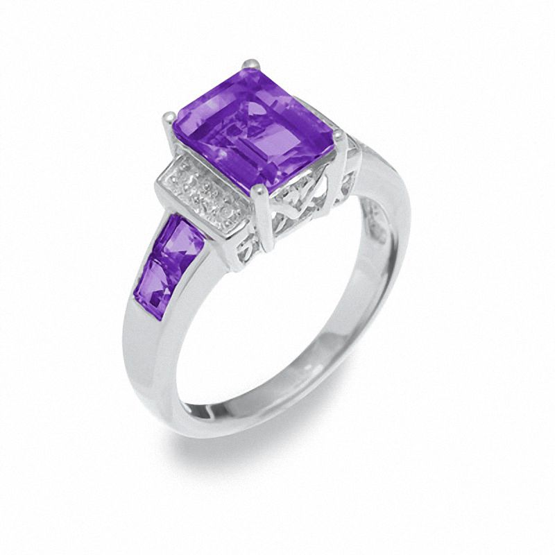 Main Image 1 of Amethyst Ring in Sterling Silver with Diamond Accents