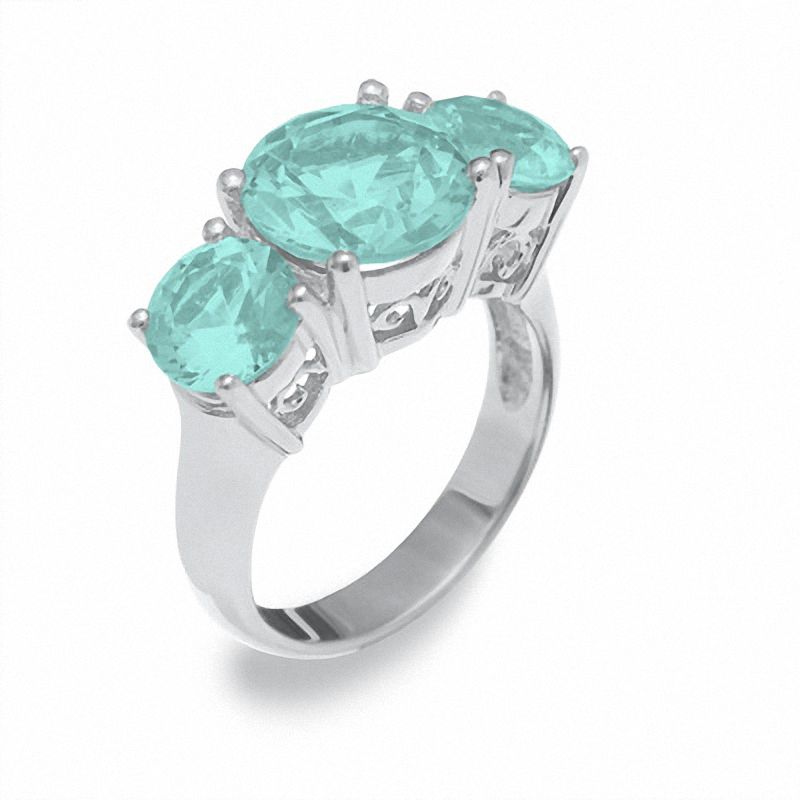 Simulated Aquamarine Three Stone Ring in Sterling Silver