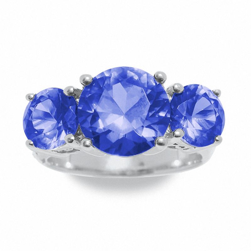 Main Image 2 of Simulated Tanzanite Three Stone Ring in Sterling Silver