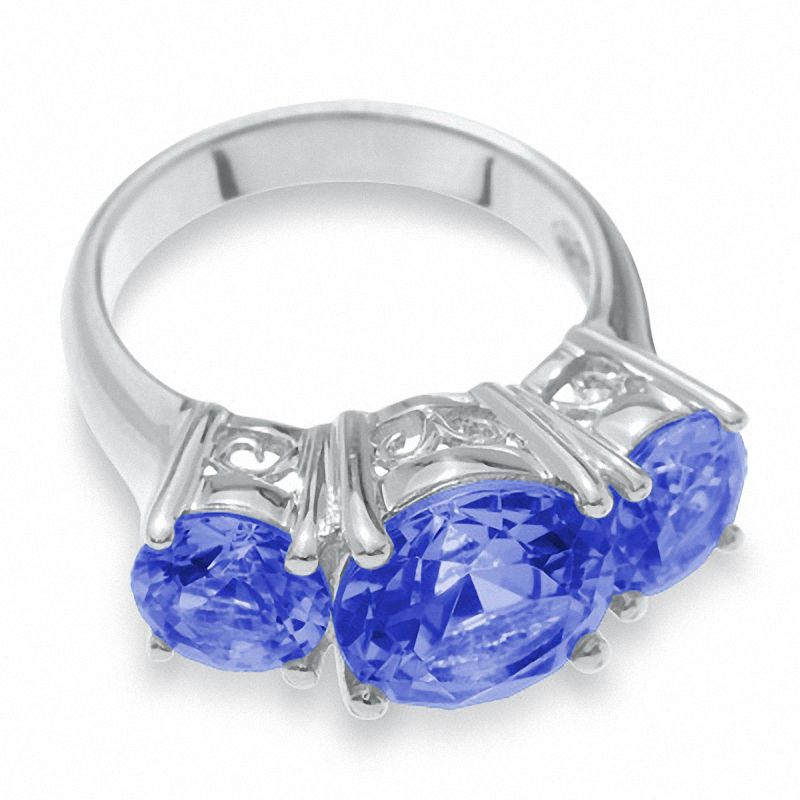 Simulated Tanzanite Three Stone Ring in Sterling Silver