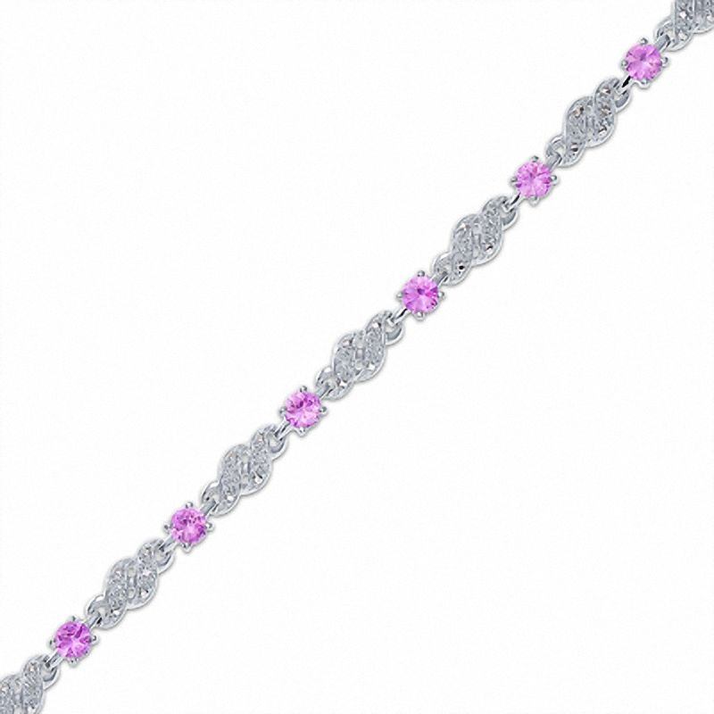 Main Image 1 of Lab-Created Pink Sapphire and Diamond Station Bracelet in Sterling Silver