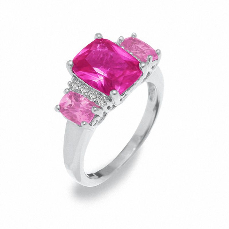 Main Image 1 of Lab-Created Pink Sapphire Three Stone Ring in Sterling Silver