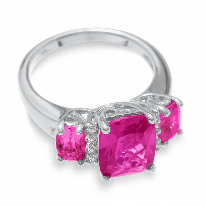 Main Image 3 of Lab-Created Pink Sapphire Three Stone Ring in Sterling Silver