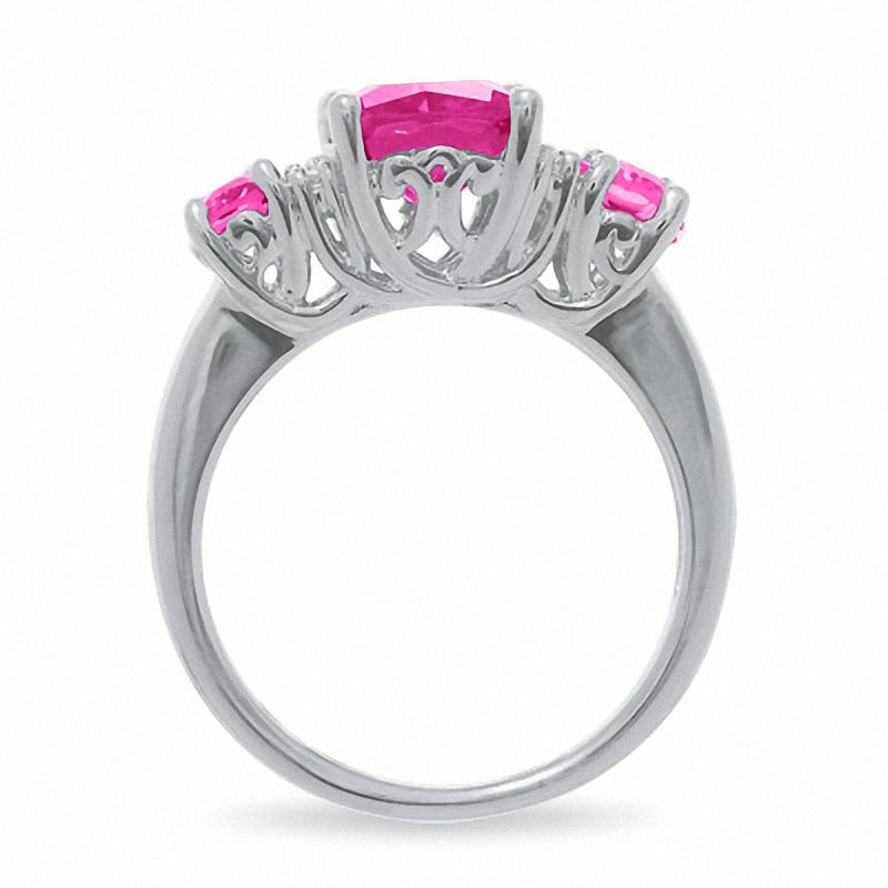 Main Image 4 of Lab-Created Pink Sapphire Three Stone Ring in Sterling Silver