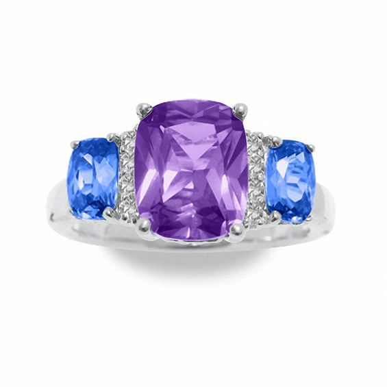 Simulated Alexandrite and Tanzanite Three Stone Ring with Lab-Created White Sapphire Accents