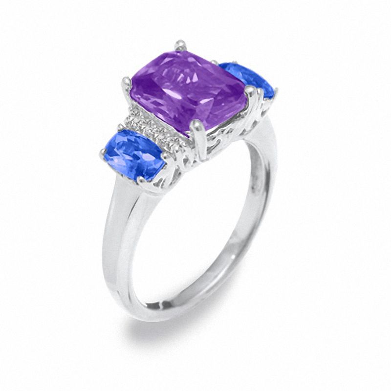 Main Image 2 of Simulated Alexandrite and Tanzanite Three Stone Ring with Lab-Created White Sapphire Accents