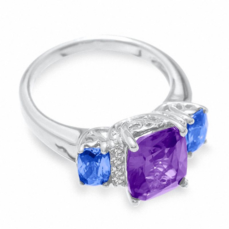 Main Image 3 of Simulated Alexandrite and Tanzanite Three Stone Ring with Lab-Created White Sapphire Accents