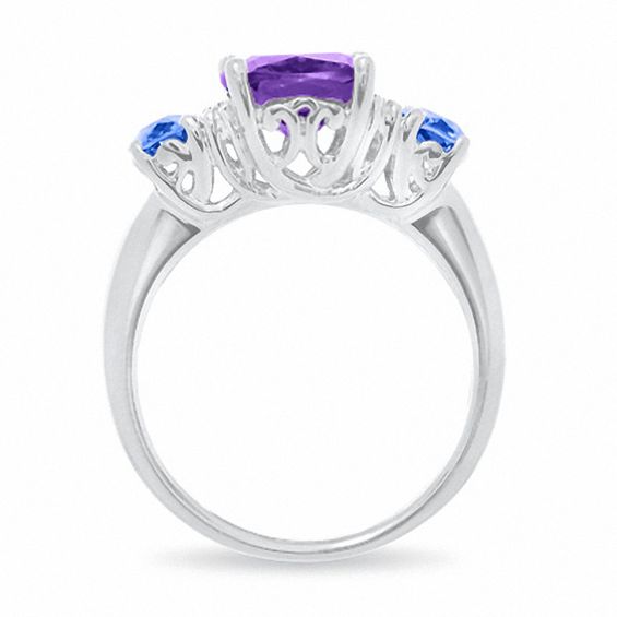 Simulated Alexandrite and Tanzanite Three Stone Ring with Lab-Created White Sapphire Accents