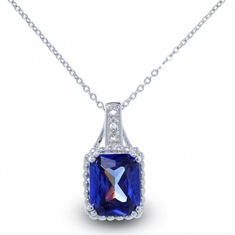 Main Image 1 of Cushion-Cut Simulated Tanzanite Pendant in Sterling Silver with Diamond Accents