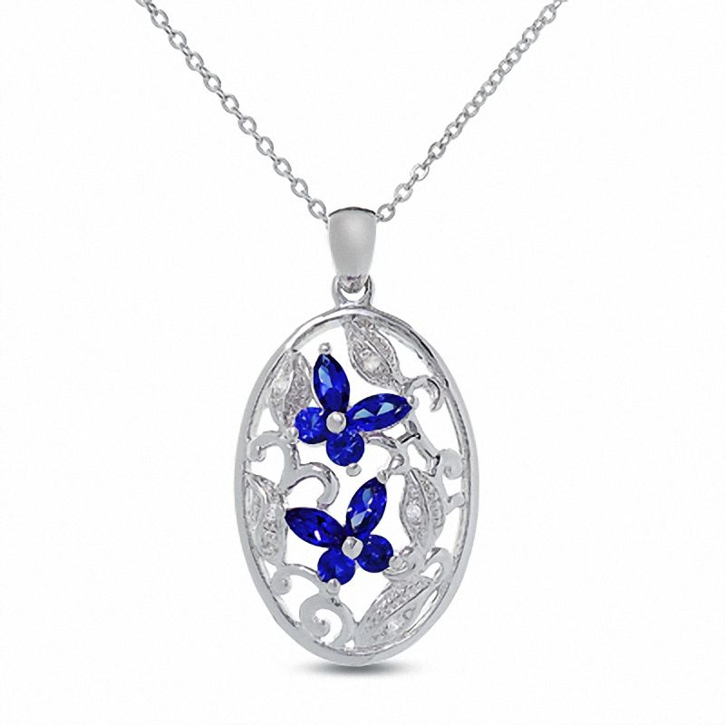 Main Image 1 of Lab-Created Blue Sapphire Butterfly Pendant in Sterling Silver with Diamond Accents