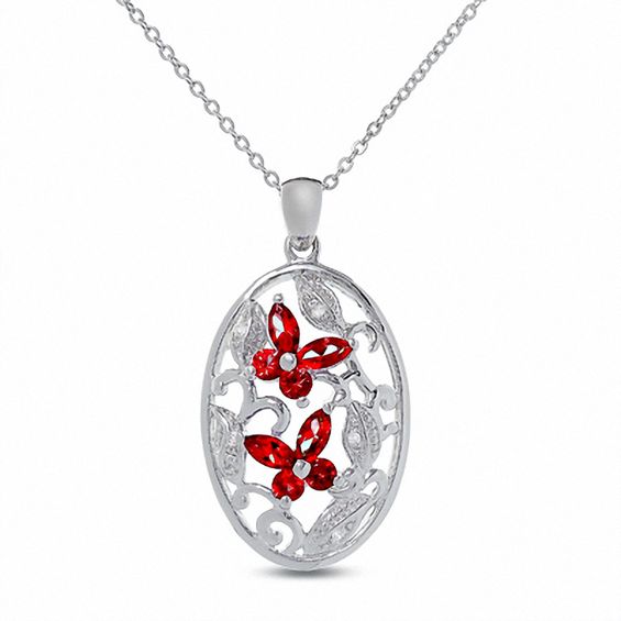 Garnet Butterfly Pendant in Sterling Silver with Diamond Accents