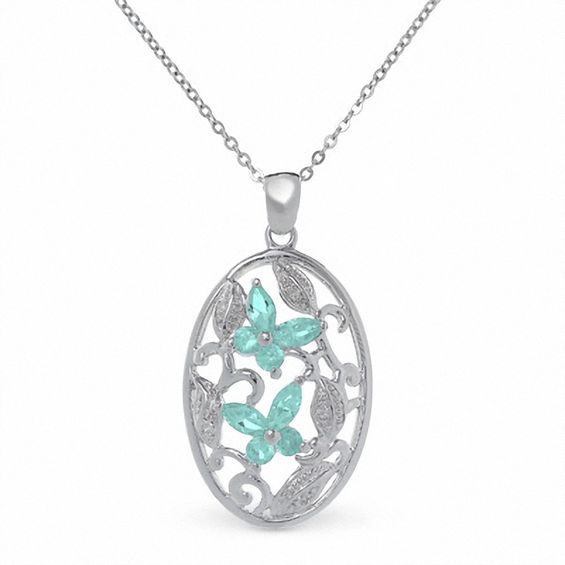 Simulated Aquamarine Butterfly Pendant in Sterling Silver with Diamond Accents