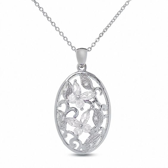 Lab-Created White Sapphire Butterfly Pendant in Sterling Silver with Diamond Accents