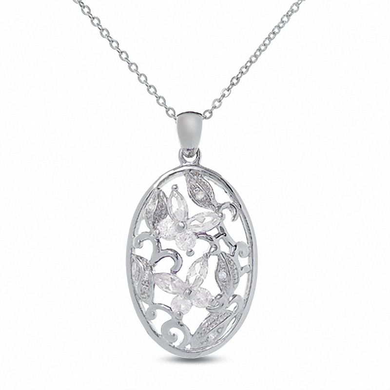 Main Image 1 of Lab-Created White Sapphire Butterfly Pendant in Sterling Silver with Diamond Accents