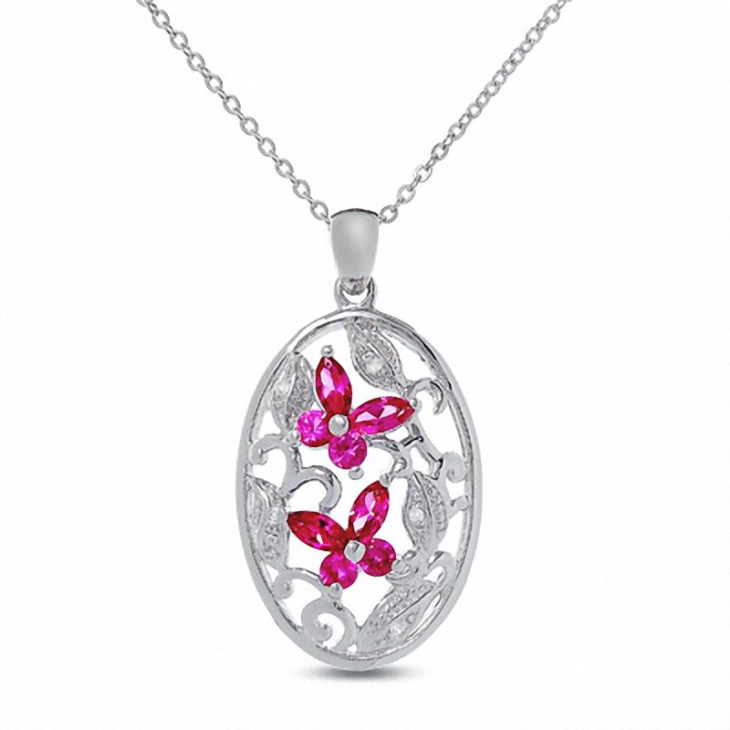 Main Image 1 of Lab-Created Pink Sapphire Butterfly Pendant in Sterling Silver with Diamond Accents